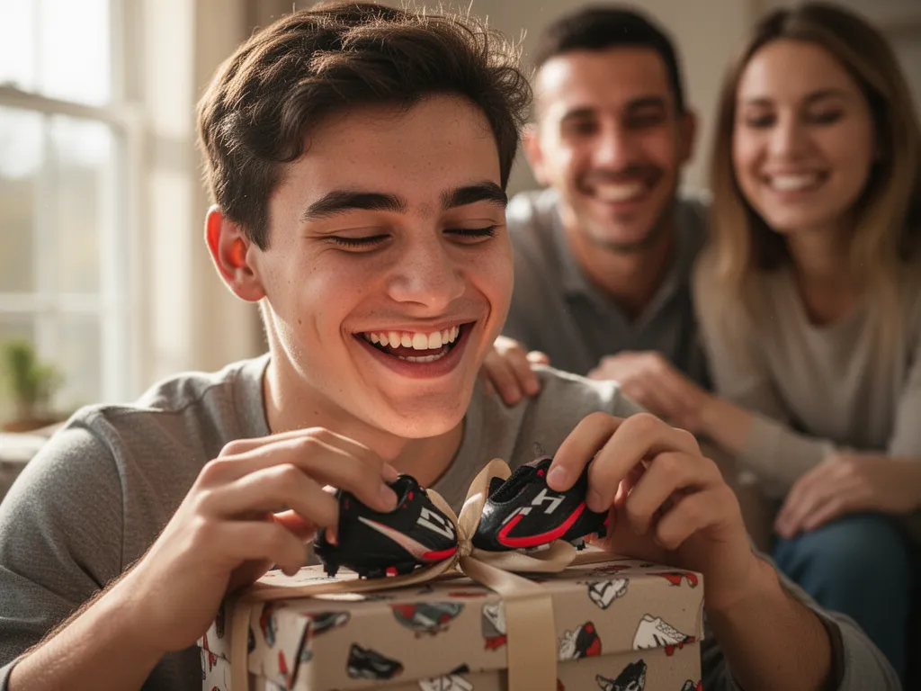 Young man experiencing joy opening a sports gift surrounded by happy family members indoors.