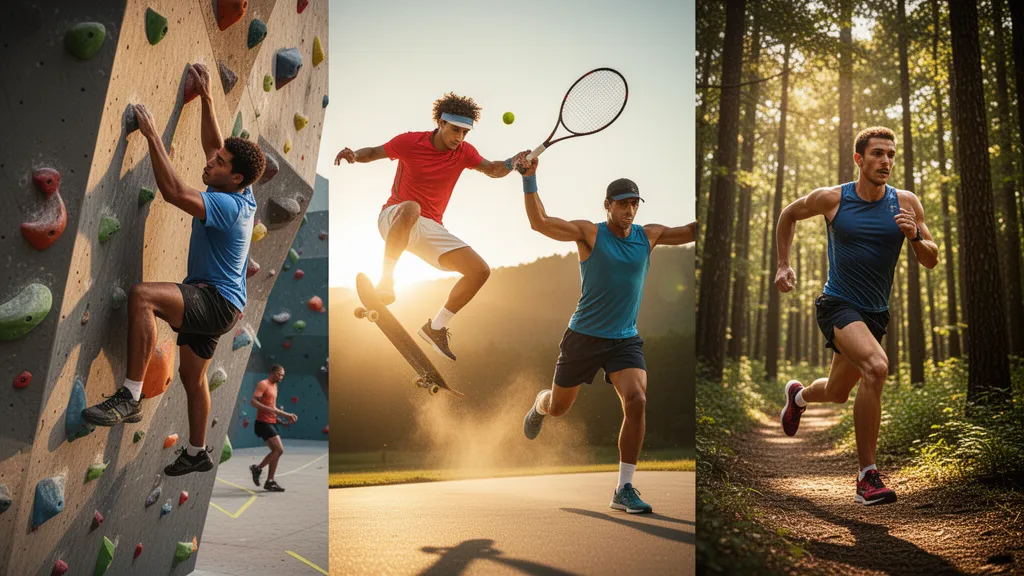 [Multiple athletes competing in different sports—climbing, skateboarding, tennis, trail running—with dynamic outdoor lighting]