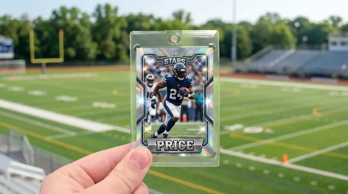 topps custom football cards: a custom printed trading card in a magnetic case, held in hand