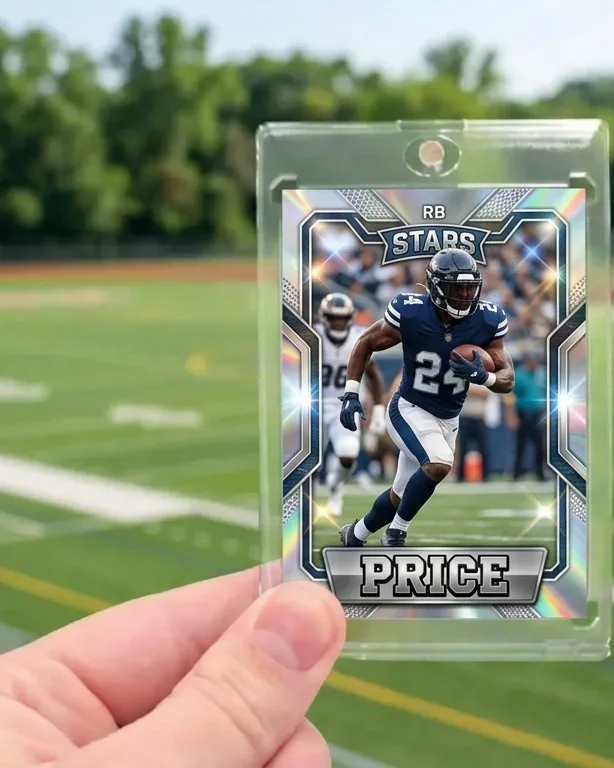 Close-up of a custom trading card in a magnetic case for topps custom football cards