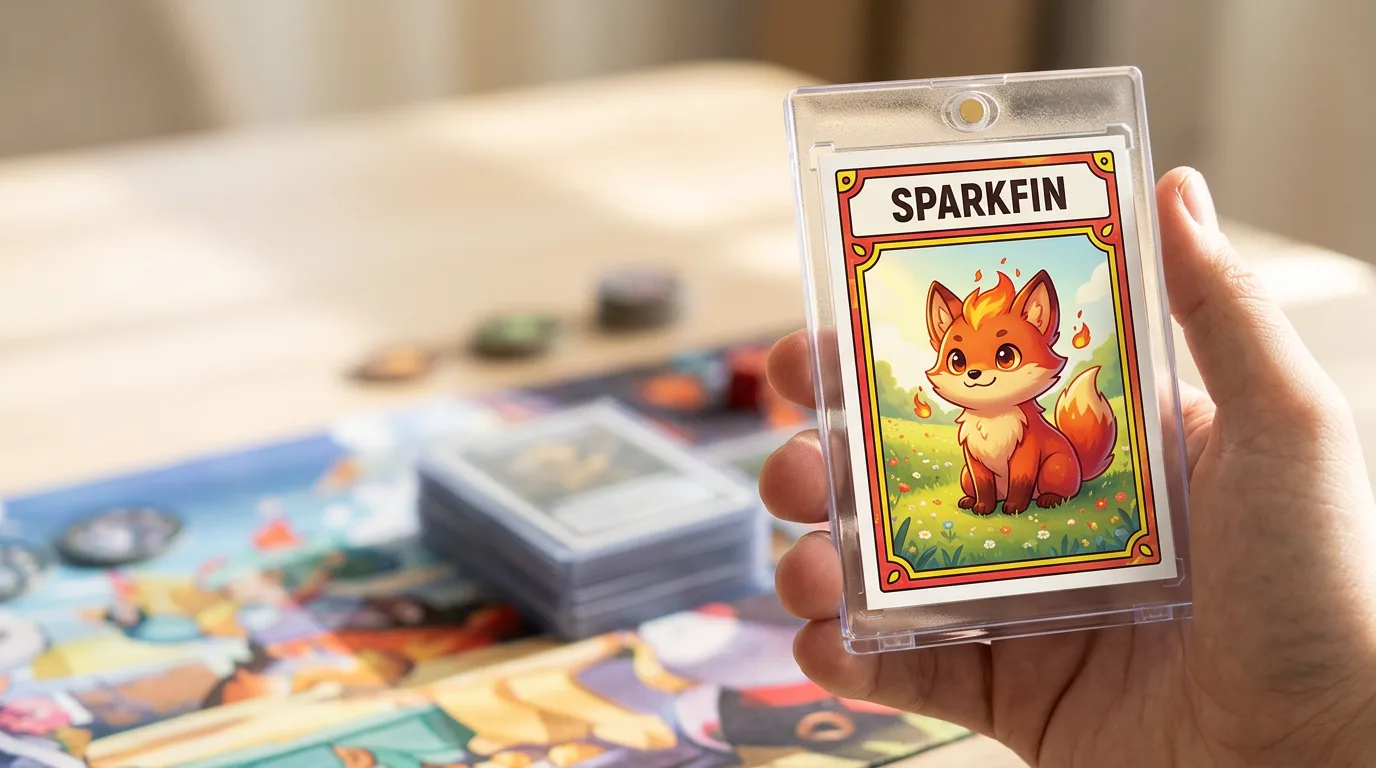 trainer card pokemon template: a custom printed trading card in a magnetic case, held in hand
