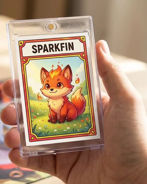 Close-up of a custom trading card in a magnetic case for trainer card pokemon template