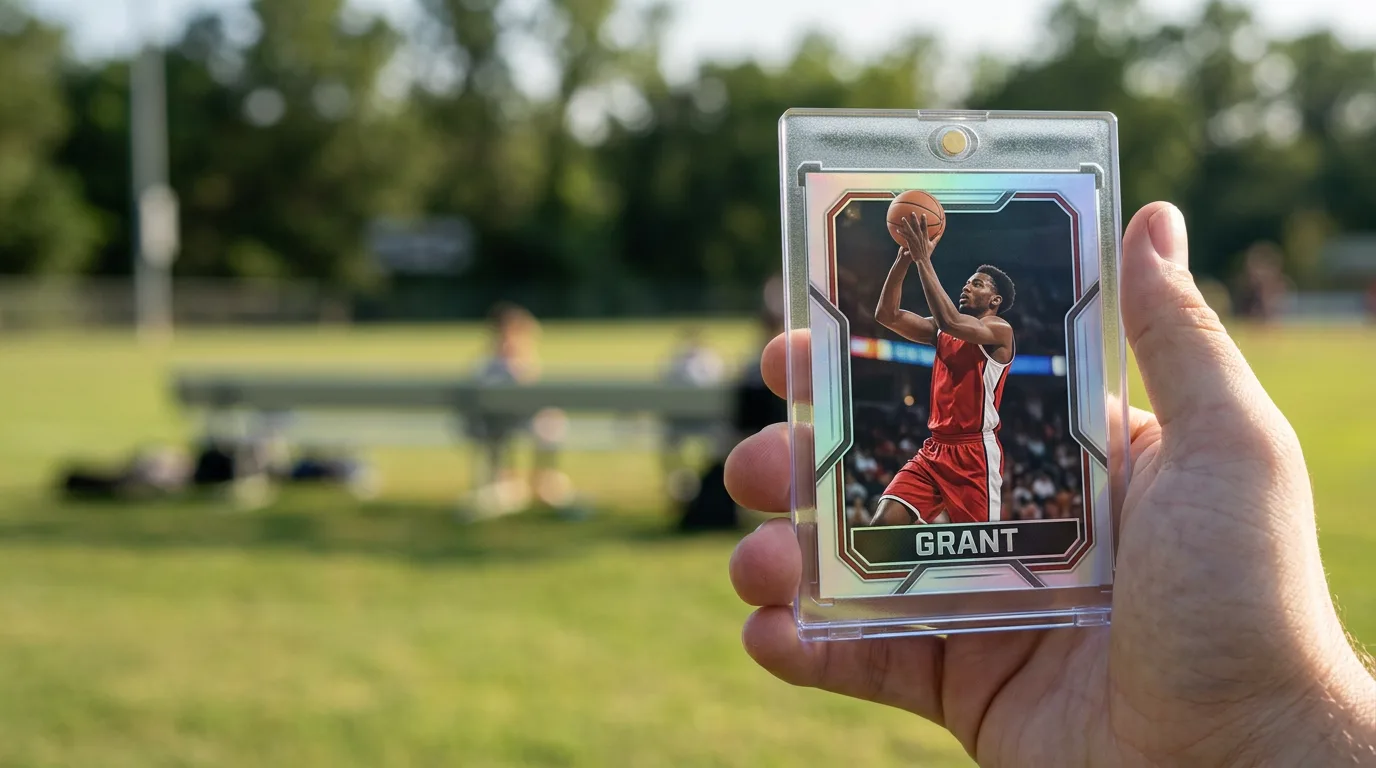 ultimate team card: a custom printed trading card in a magnetic case, held in hand