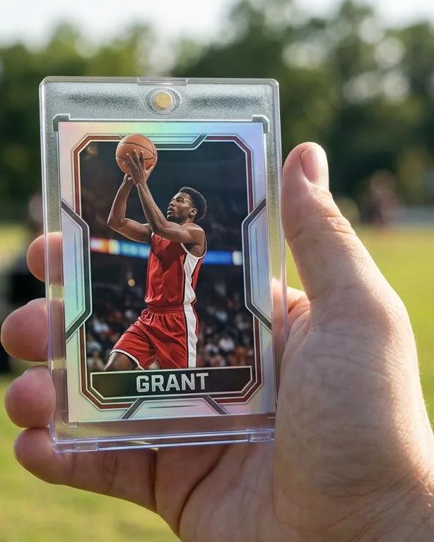 Close-up of a custom trading card in a magnetic case for ultimate team card
