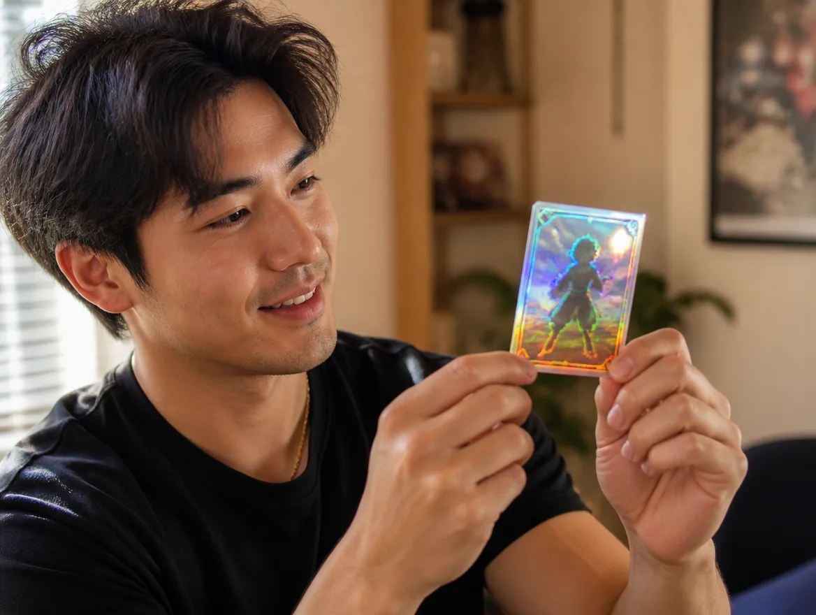 Person admiring the print quality of a custom trading card