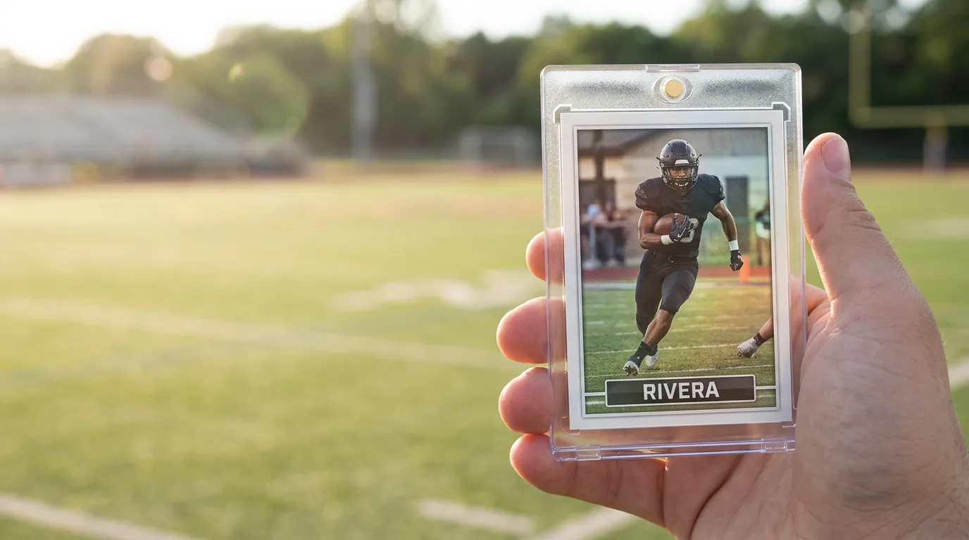 when do football cards come out: a custom printed trading card in a magnetic case, held in hand