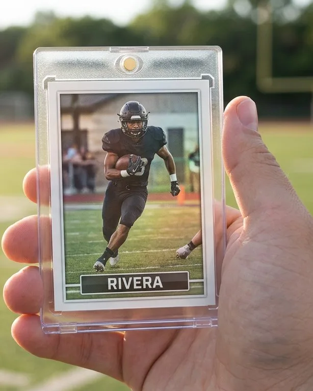 Close-up of a custom trading card in a magnetic case for when do football cards come out