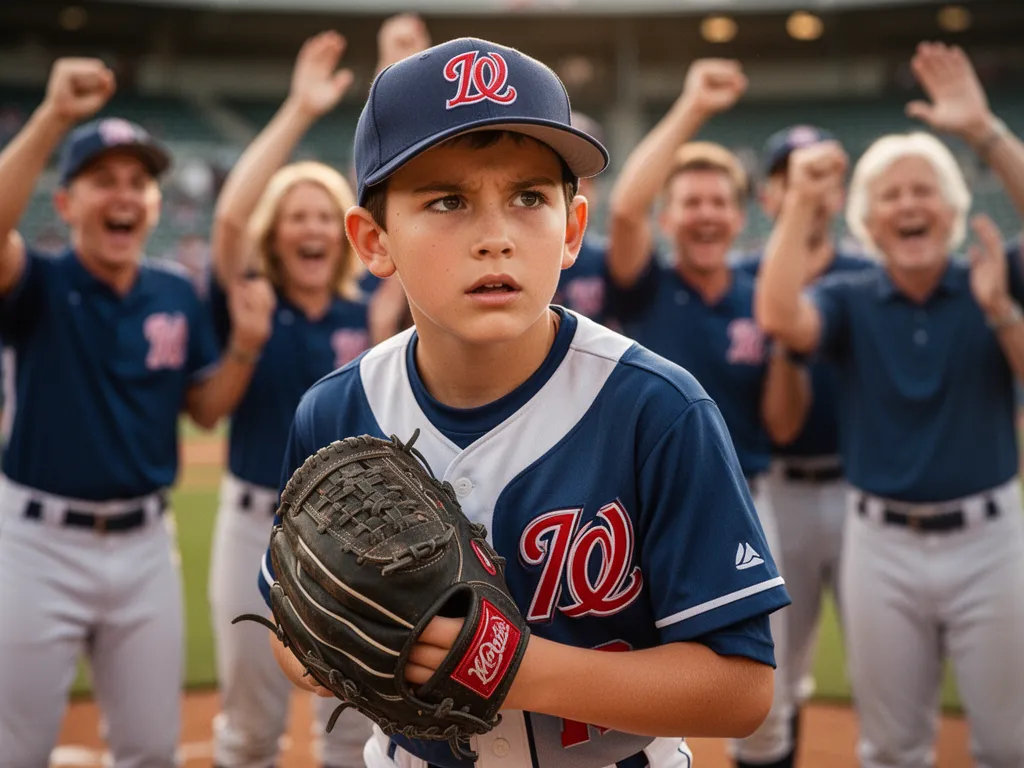 Close-up of a premium custom youth baseball card with magnetic case next to baseball glove