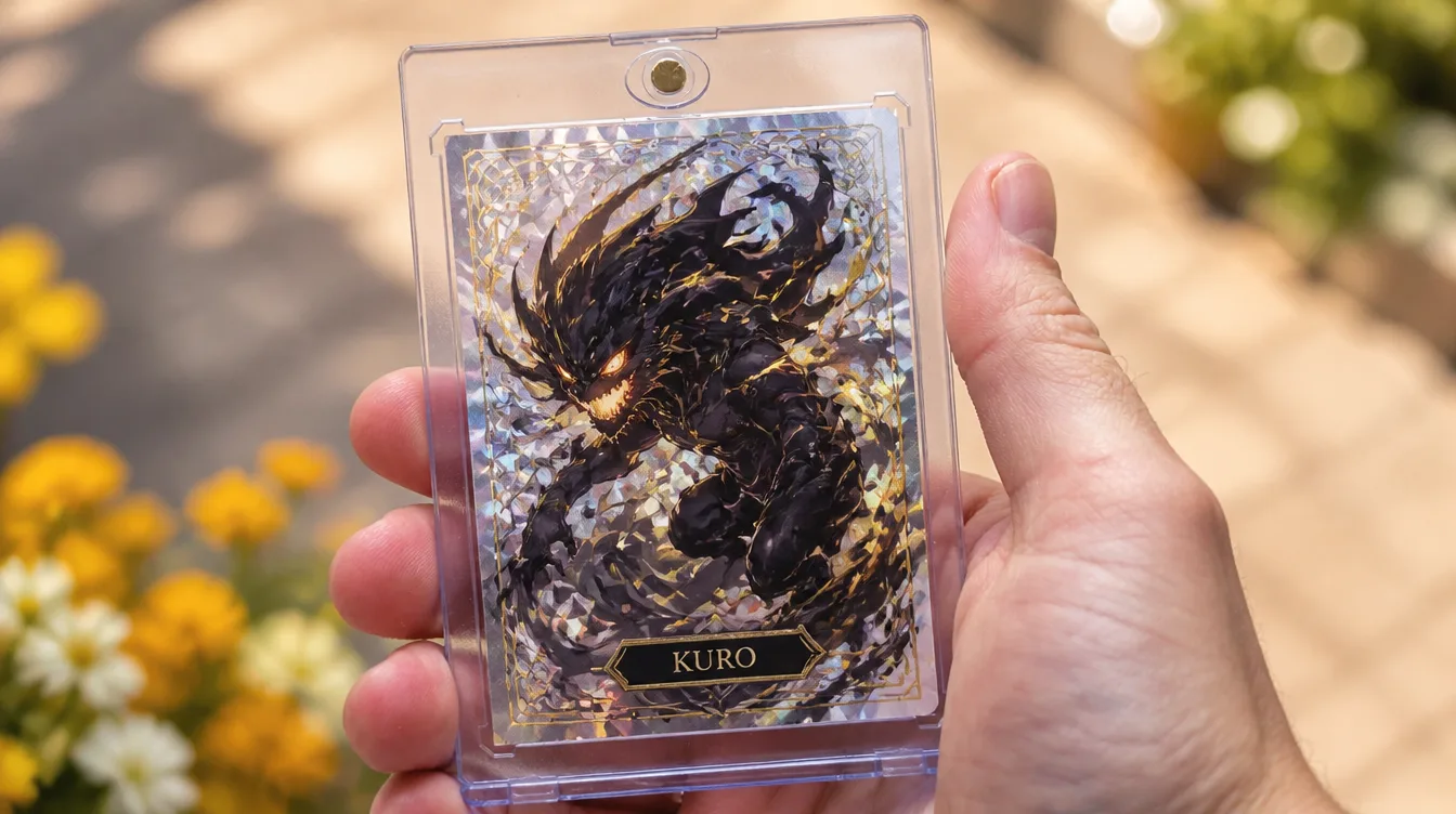 Custom monster trading card made with a Yugioh card creator, in a magnetic case