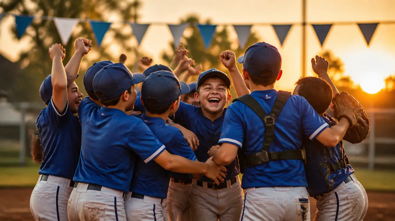 A youth baseball team celebrating together on the field at sunset at the end of the season