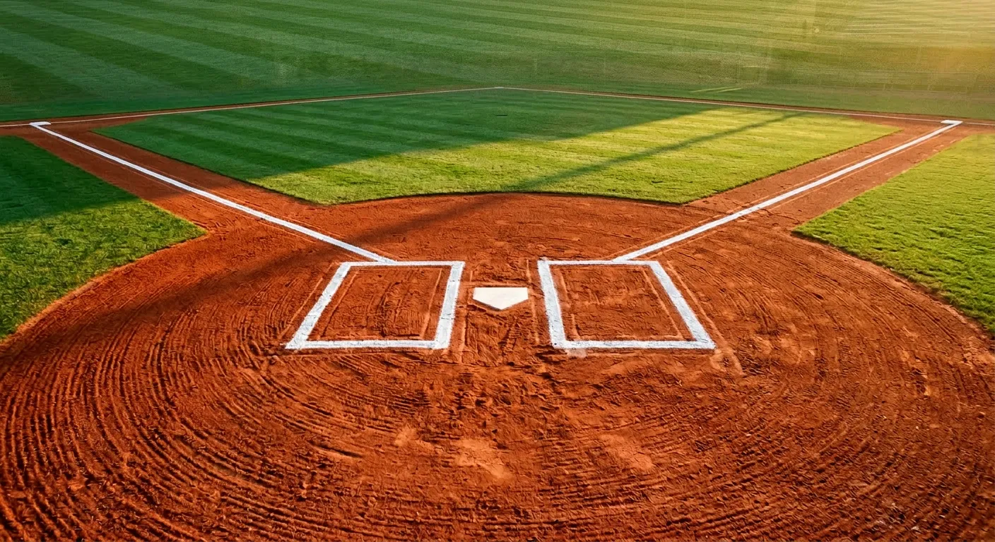 Home plate and chalk foul lines on a red clay baseball diamond at golden hour