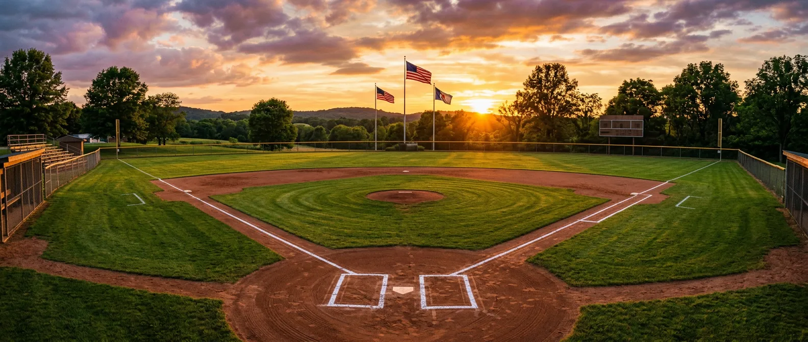 Small-town baseball diamond at sunset with American flags