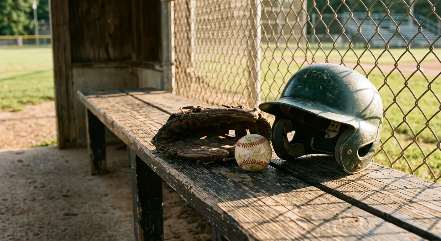 Baseball glove, ball, and helmet on a worn dugout bench with chain-link shadows